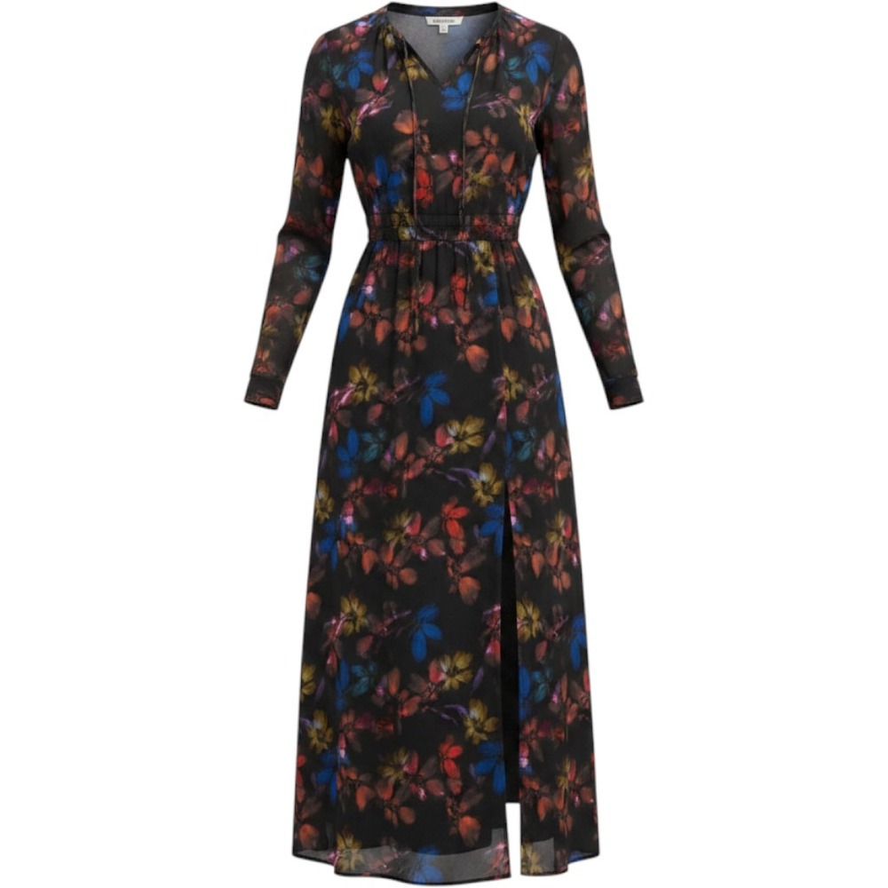 Bella Dahl Floral Midi Dress Womens XS Black Multi Excellent Smocked Long Sleeve